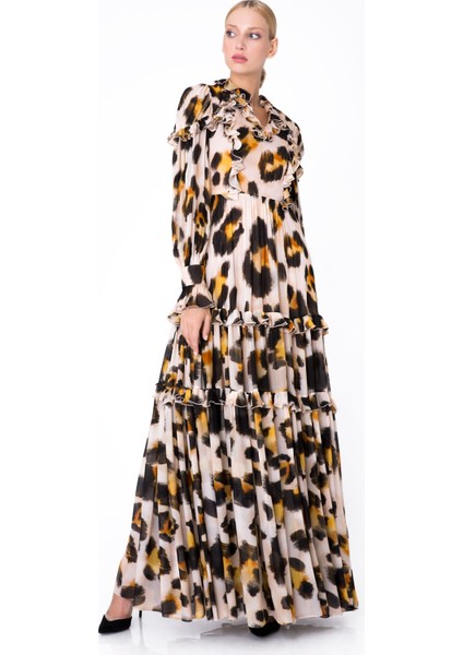 Leopar Desenli Fırfırlı Uzun Şifon Elbise modelleri