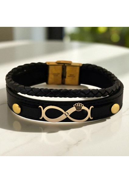 14 Ayar Plakalı Altın D Harfine Özel Sonsuzluk ve Taç Figürlü Siyah Derili Hediye BILEKLIK-615HARF