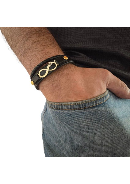 14 Ayar Plakalı Altın D Harfine Özel Sonsuzluk ve Taç Figürlü Siyah Derili Hediye BILEKLIK-615HARF fiyatları