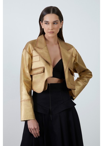Asimetrik Kesim Yeşil Crop Ceket