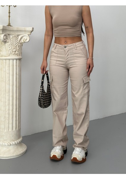 Kadın Kargo Cepli Likralı Yüksek Bel Wide Leg Pantolon fırsatları