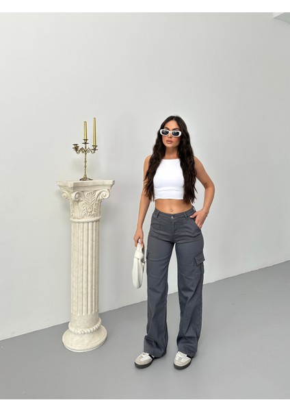 Kadın Kargo Cepli Likralı Yüksek Bel Wide Leg Pantolon indirimleri