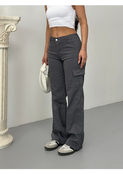 Kadın Kargo Cepli Likralı Yüksek Bel Wide Leg Pantolon