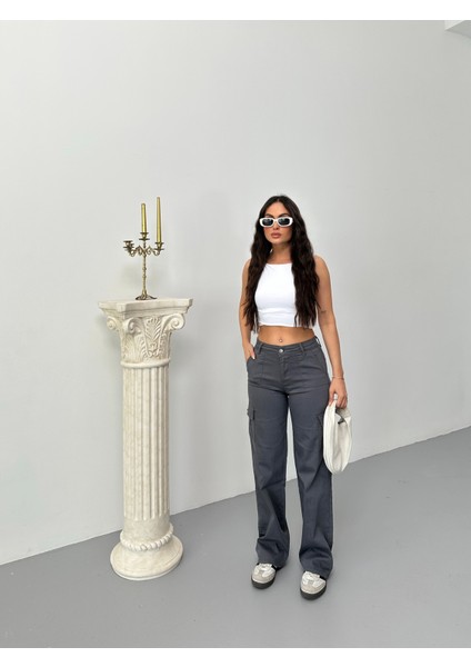 Kadın Kargo Cepli Likralı Yüksek Bel Wide Leg Pantolon