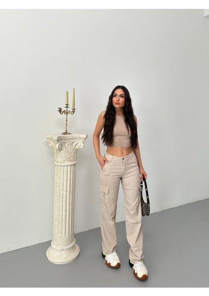Kadın Kargo Cepli Likralı Yüksek Bel Wide Leg Pantolon
