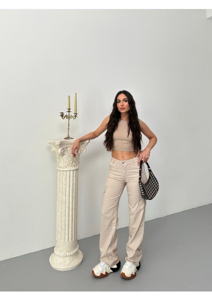 Kadın Kargo Cepli Likralı Yüksek Bel Wide Leg Pantolon modelleri