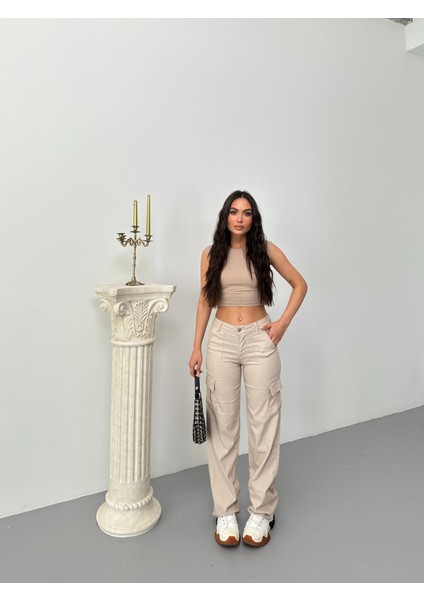 Kadın Kargo Cepli Likralı Yüksek Bel Wide Leg Pantolon indirimleri