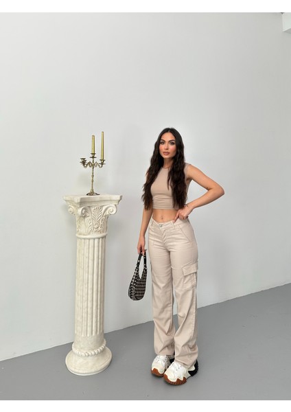 Kadın Kargo Cepli Likralı Yüksek Bel Wide Leg Pantolon