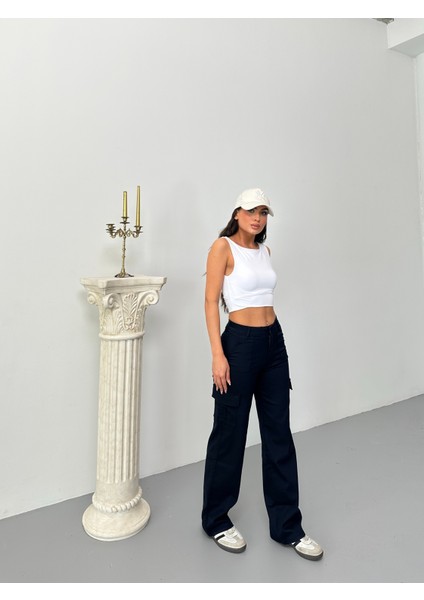 Kadın Kargo Cepli Likralı Yüksek Bel Wide Leg Pantolon