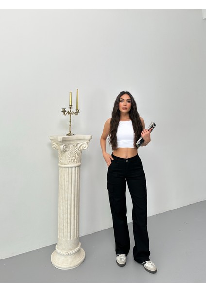 Kadın Kargo Cepli Likralı Yüksek Bel Wide Leg Pantolon indirimleri