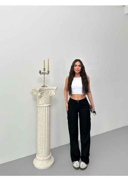 Kadın Kargo Cepli Likralı Yüksek Bel Wide Leg Pantolon