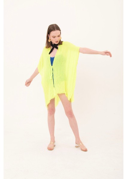 Kadın Neon Sarı Bağlamalı Pamuklu Uzun Kimono Pareo PR11200