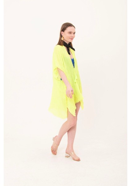 Kadın Neon Sarı Bağlamalı Pamuklu Uzun Kimono Pareo PR11200 fiyatları
