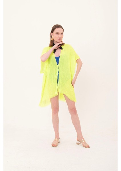 Kadın Neon Sarı Bağlamalı Pamuklu Uzun Kimono Pareo PR11200 modelleri