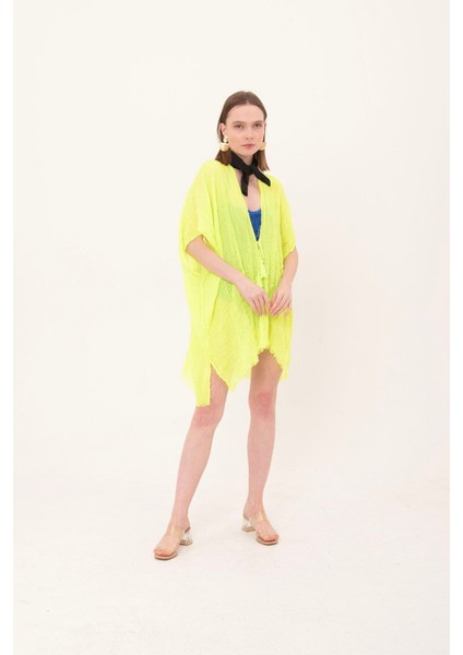 Kadın Neon Sarı Bağlamalı Pamuklu Uzun Kimono Pareo PR11200