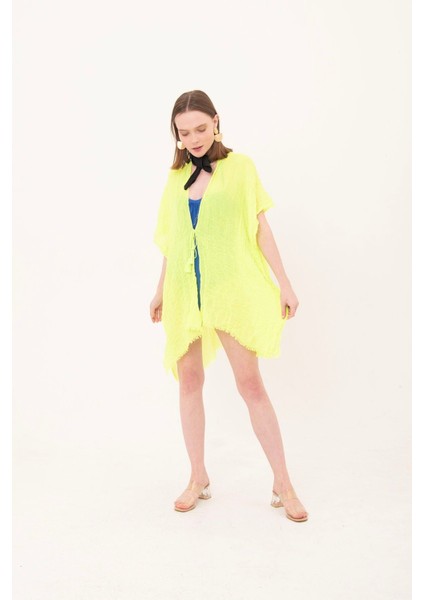 Kadın Neon Sarı Bağlamalı Pamuklu Uzun Kimono Pareo PR11200