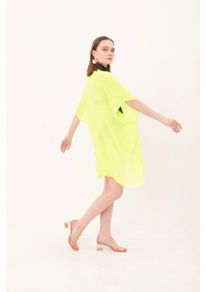 Kadın Neon Sarı Bağlamalı Pamuklu Uzun Kimono Pareo PR11200