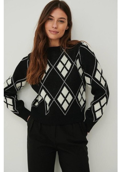 Kadın Bisiklet Yaka Oversize Salaş Baklava Desenli Premium Triko Kazak WM3314