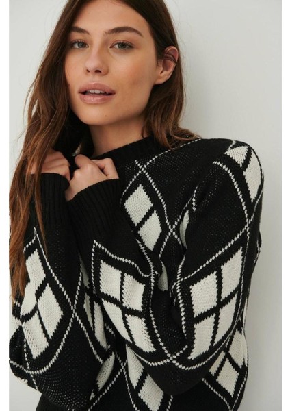 Kadın Bisiklet Yaka Oversize Salaş Baklava Desenli Premium Triko Kazak WM3314 modelleri