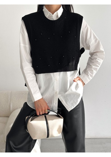 Kadın Dikyaka Yandan Bağlamalı Incili Triko Süveter WM3200