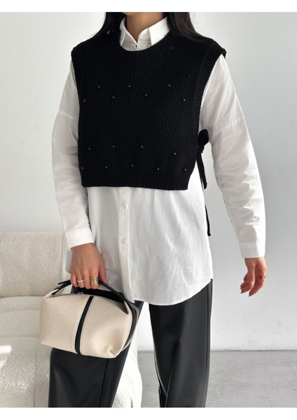 Kadın Dikyaka Yandan Bağlamalı Incili Triko Süveter WM3200 fiyatları