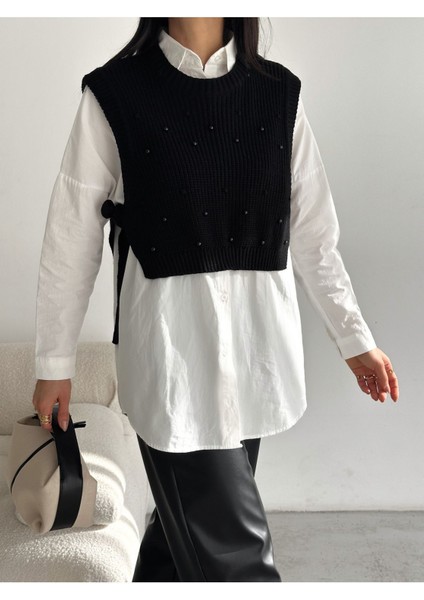 Kadın Dikyaka Yandan Bağlamalı Incili Triko Süveter WM3200 modelleri