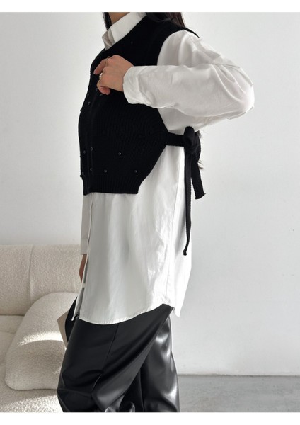 Kadın Dikyaka Yandan Bağlamalı Incili Triko Süveter WM3200 fırsatları