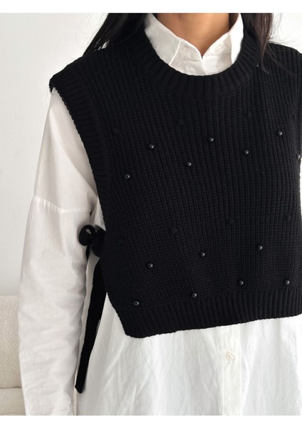 Kadın Dikyaka Yandan Bağlamalı Incili Triko Süveter WM3200