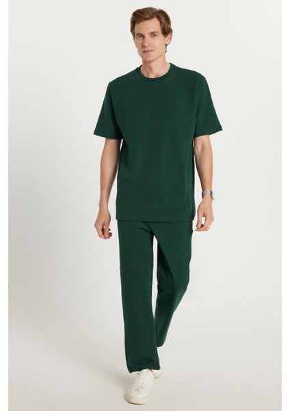 Erkek Standart Fit Normal Kesim Pamuklu Bisiklet Yaka Beli Bağcıklı Haki Eşofman Takımı