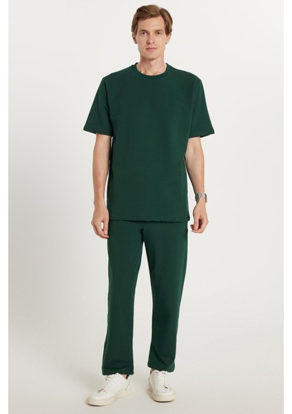 Erkek Standart Fit Normal Kesim Pamuklu Bisiklet Yaka Beli Bağcıklı Haki Eşofman Takımı fırsatları