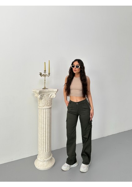 Kadın Kargo Cepli Likralı Yüksek Bel Wide Leg Pantolon modelleri