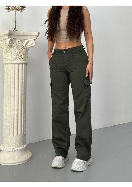 Kadın Kargo Cepli Likralı Yüksek Bel Wide Leg Pantolon fırsatları