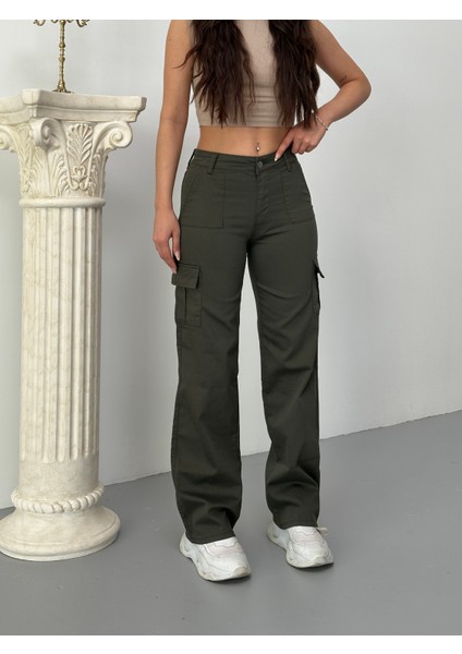 Kadın Kargo Cepli Likralı Yüksek Bel Wide Leg Pantolon