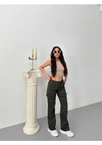 Kadın Kargo Cepli Likralı Yüksek Bel Wide Leg Pantolon