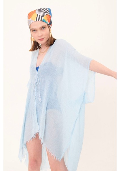 Kadın Mavi Bağlamalı Pamuklu Uzun Kimono Pareo PR11200