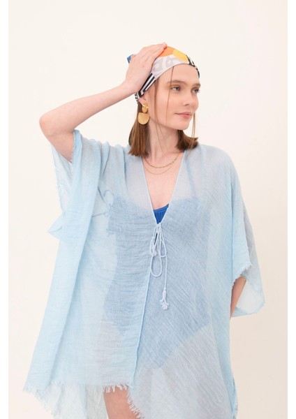 Kadın Mavi Bağlamalı Pamuklu Uzun Kimono Pareo PR11200 modelleri