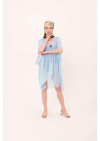 Kadın Mavi Bağlamalı Pamuklu Uzun Kimono Pareo PR11200 fırsatları