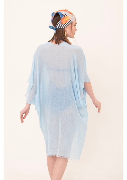 Kadın Mavi Bağlamalı Pamuklu Uzun Kimono Pareo PR11200 indirimleri