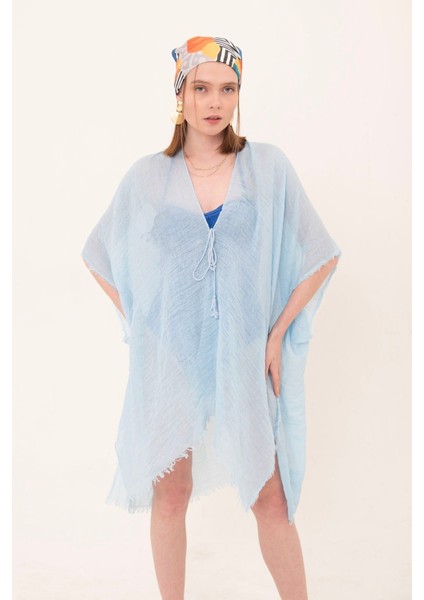 Kadın Mavi Bağlamalı Pamuklu Uzun Kimono Pareo PR11200