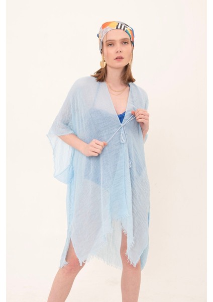 Kadın Mavi Bağlamalı Pamuklu Uzun Kimono Pareo PR11200
