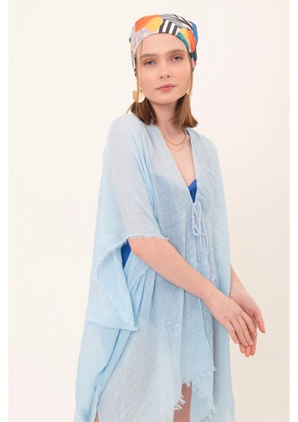 Kadın Mavi Bağlamalı Pamuklu Uzun Kimono Pareo PR11200