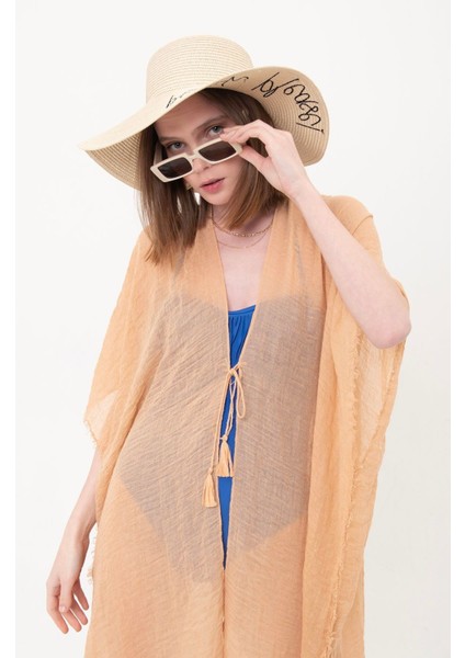 Kadın Bej Bağlamalı Pamuklu Uzun Kimono Pareo PR11200