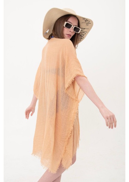 Kadın Bej Bağlamalı Pamuklu Uzun Kimono Pareo PR11200