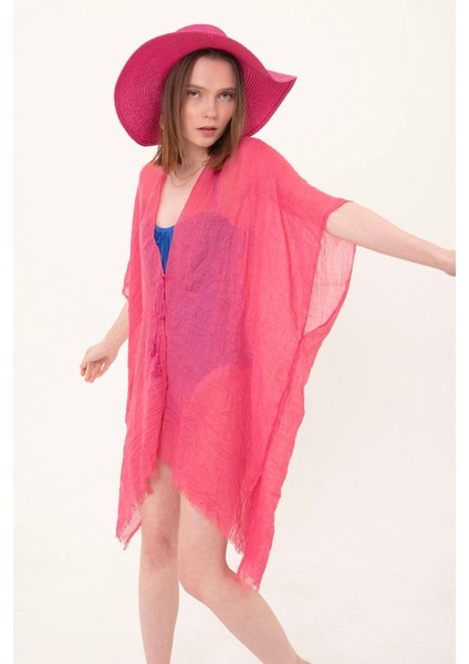 Kadın Fuşya Bağlamalı Pamuklu Uzun Kimono Pareo PR11200