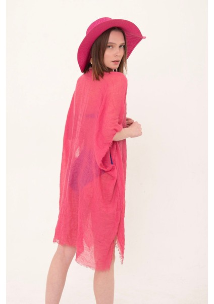 Kadın Fuşya Bağlamalı Pamuklu Uzun Kimono Pareo PR11200