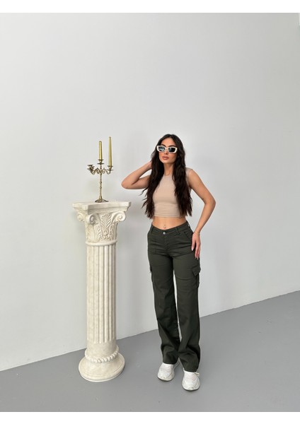 Kadın Kargo Cepli Likralı Yüksek Bel Wide Leg Pantolon