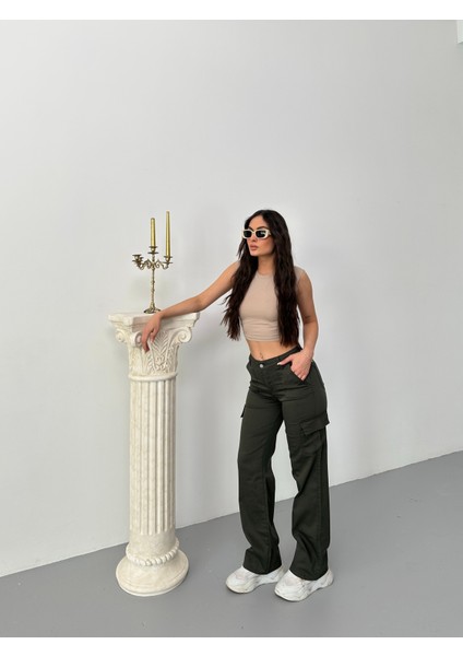 Kadın Kargo Cepli Likralı Yüksek Bel Wide Leg Pantolon indirimleri