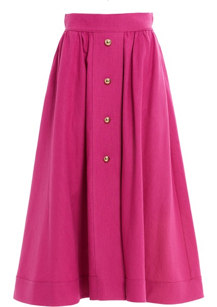 Gold Düğmeli Pembe Keten Etek