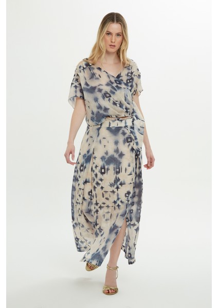 Arkası Fermuarlı Desenli Midi Etek