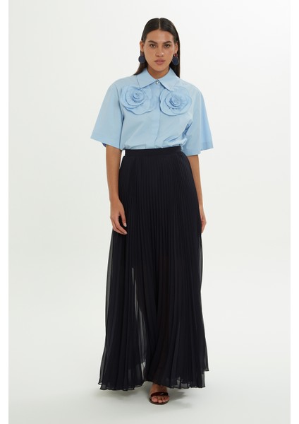 Arkası Fermuarlı Pliseli Lacivert Etek